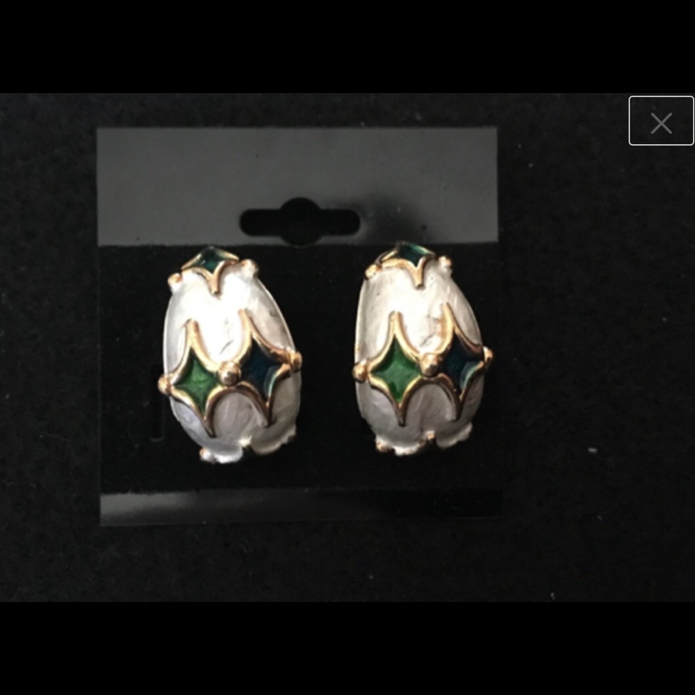 Enamel Silver Green Blue Half Moon ClipOn Earrings